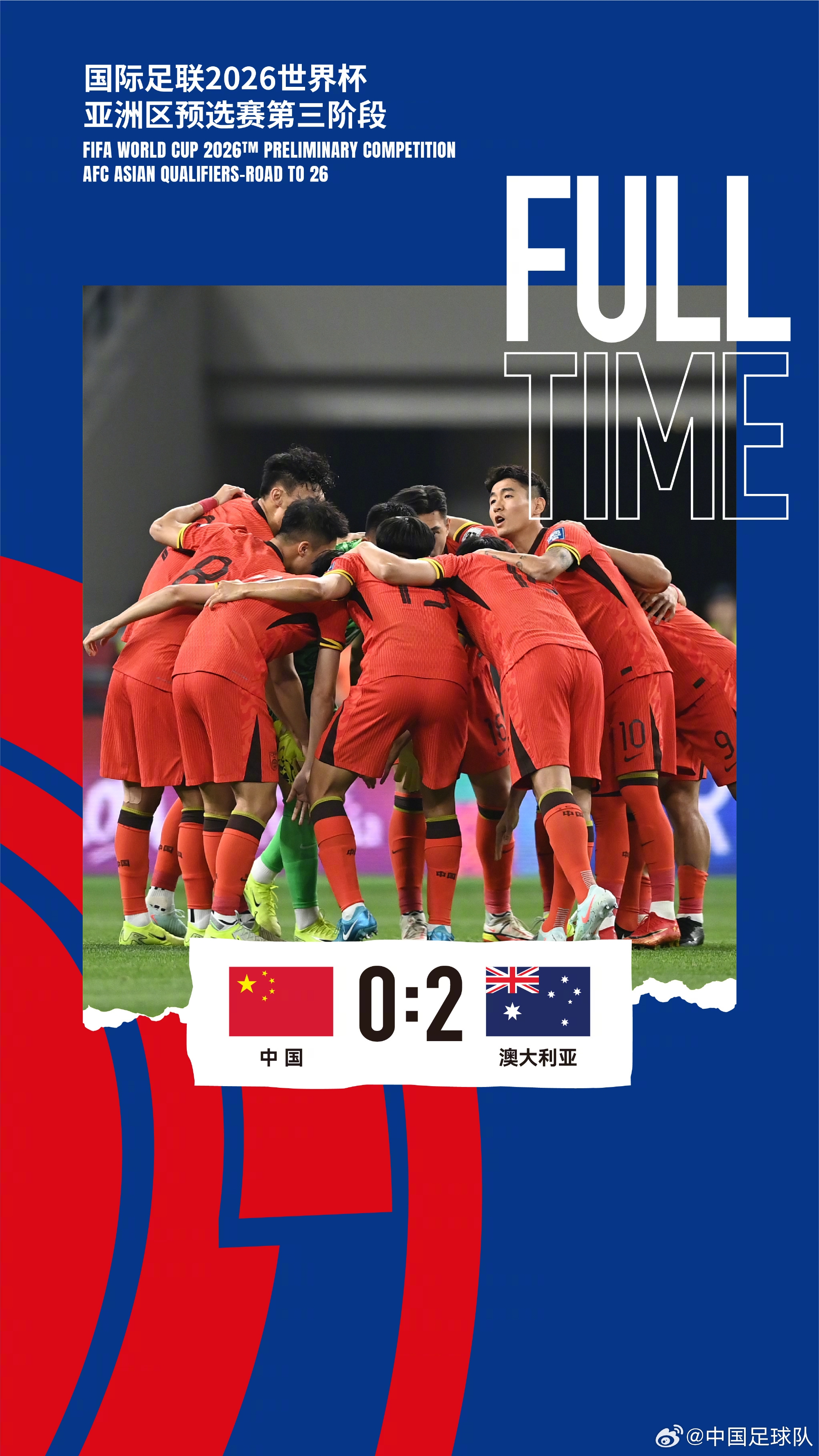 美加墨世界杯亞洲區(qū)預(yù)選賽第三階段第八輪，中國隊(duì)0-2澳大利亞隊(duì)