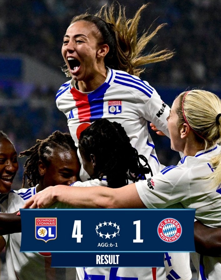 里昂女足4-1大勝拜仁女足，總比分6-1晉級女足歐冠半決賽