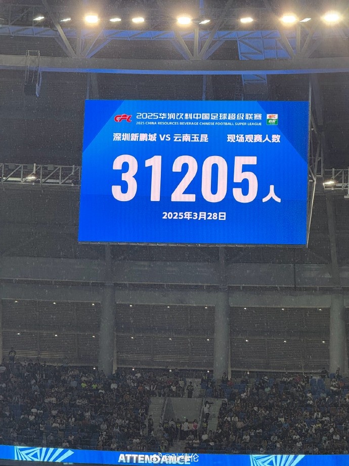新鵬城新賽季首個(gè)主場(chǎng)現(xiàn)場(chǎng)觀眾31205人，為隊(duì)史最高上座人數(shù)