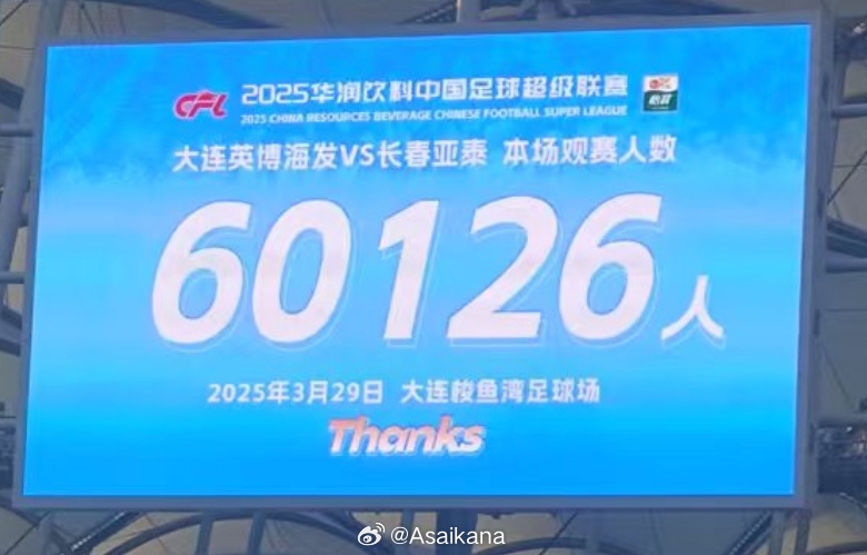 大連英博和長(zhǎng)春亞泰吸引60126名觀眾現(xiàn)場(chǎng)觀戰(zhàn)，中超歷史排名第二